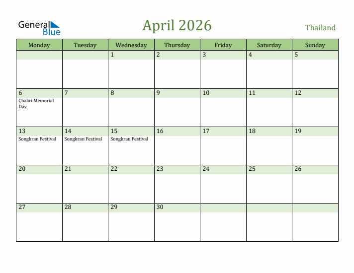 April 2026 Calendar with Thailand Holidays