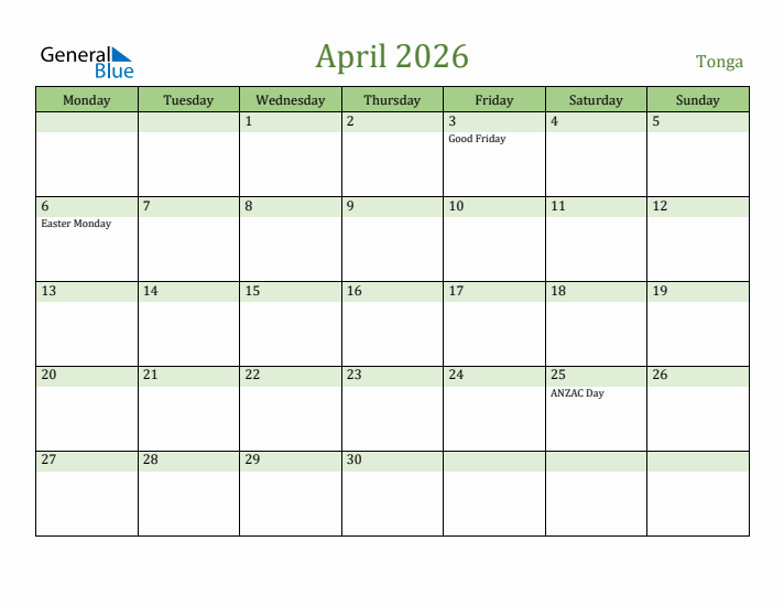 April 2026 Calendar with Tonga Holidays