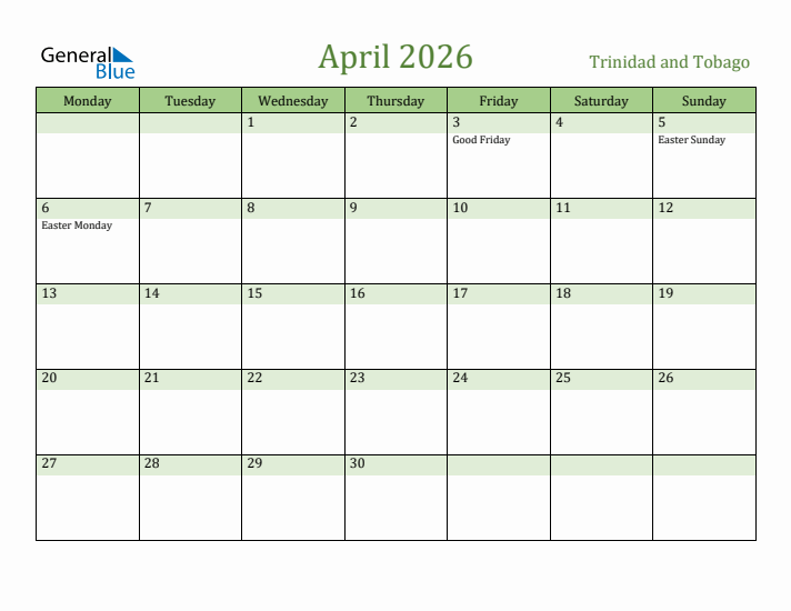 April 2026 Calendar with Trinidad and Tobago Holidays