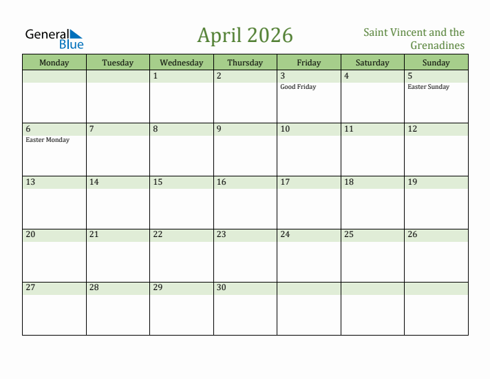April 2026 Calendar with Saint Vincent and the Grenadines Holidays