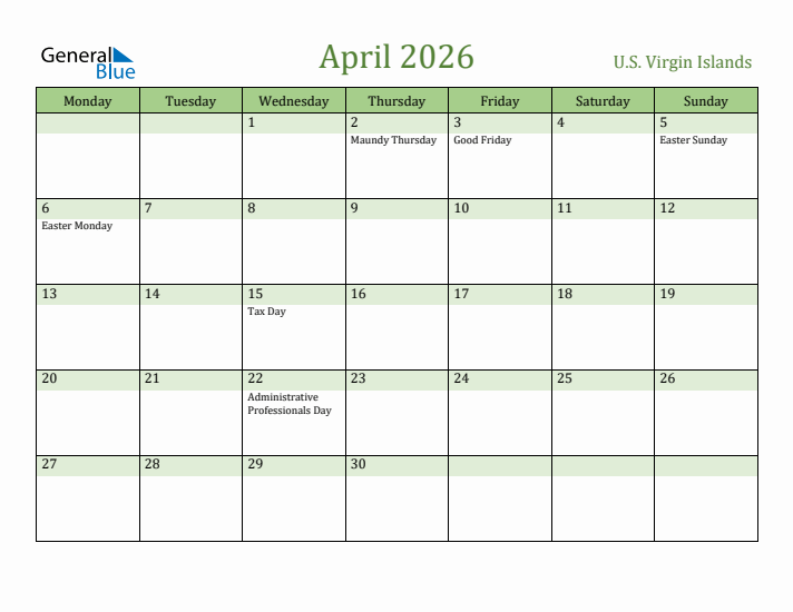 April 2026 Calendar with U.S. Virgin Islands Holidays