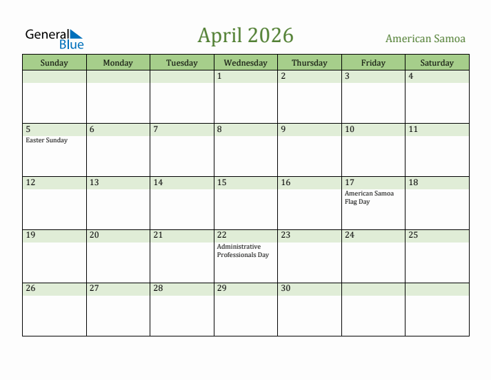 April 2026 Calendar with American Samoa Holidays