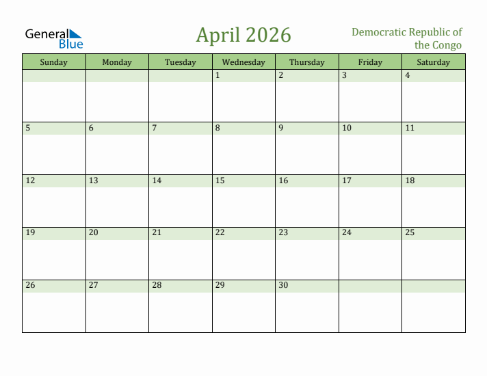 April 2026 Calendar with Democratic Republic of the Congo Holidays