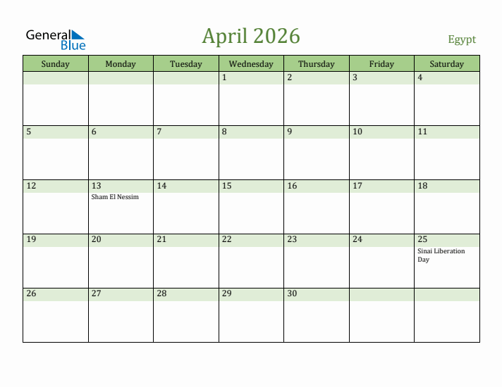 April 2026 Calendar with Egypt Holidays