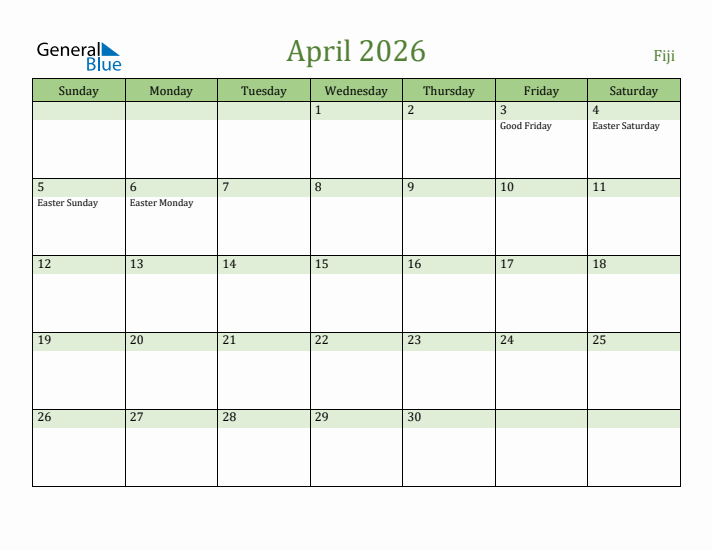 April 2026 Calendar with Fiji Holidays