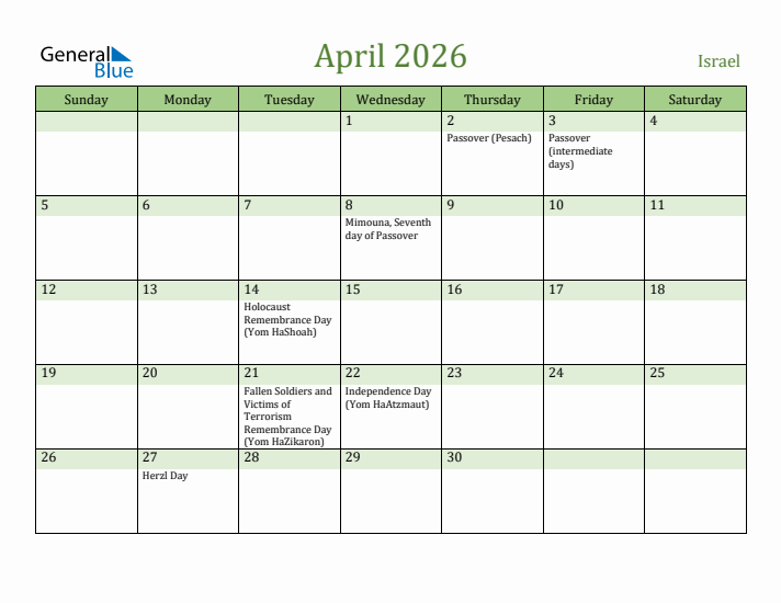 April 2026 Calendar with Israel Holidays