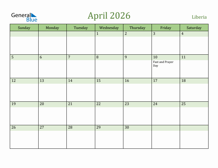 April 2026 Calendar with Liberia Holidays