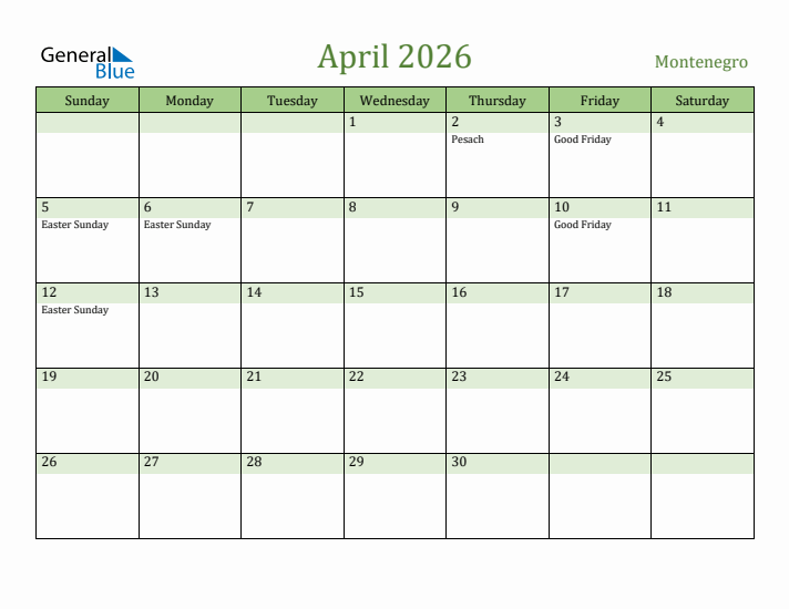 April 2026 Calendar with Montenegro Holidays