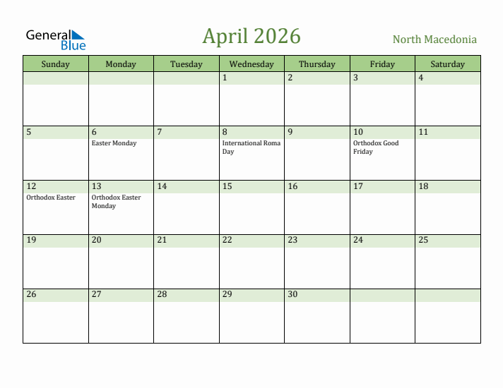 April 2026 Calendar with North Macedonia Holidays
