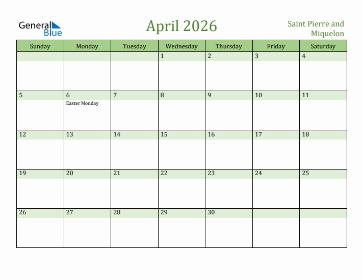 April 2026 Calendar with Saint Pierre and Miquelon Holidays