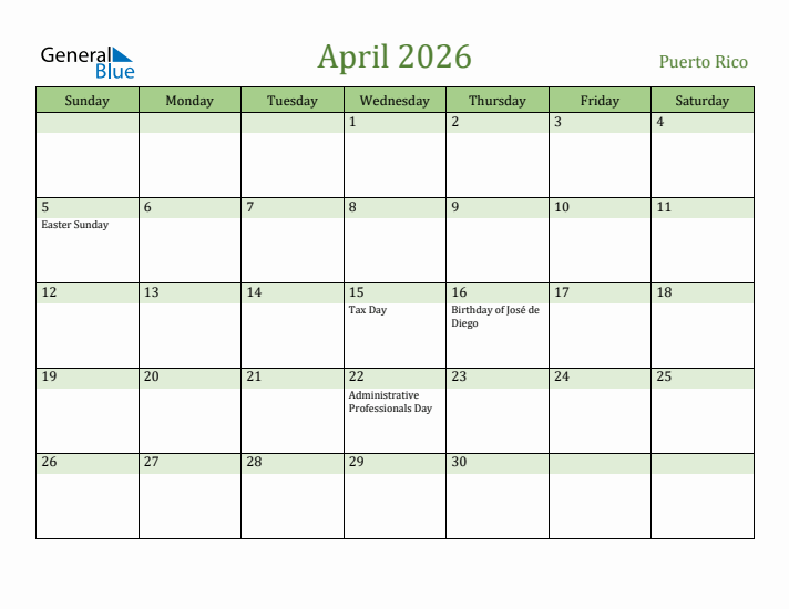 April 2026 Calendar with Puerto Rico Holidays