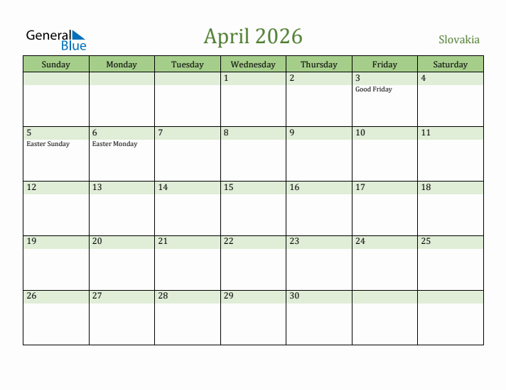 April 2026 Calendar with Slovakia Holidays