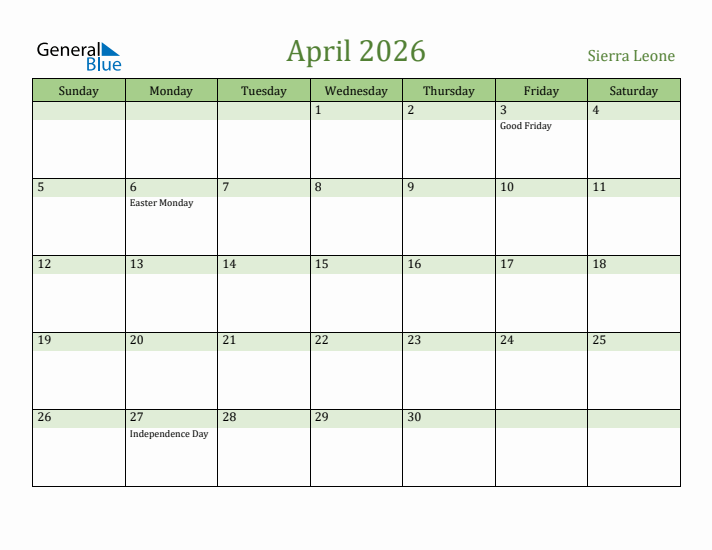 April 2026 Calendar with Sierra Leone Holidays