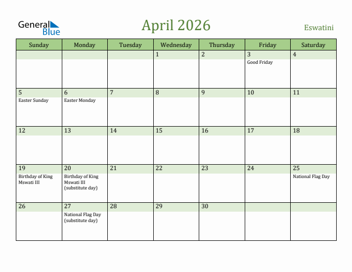 April 2026 Calendar with Eswatini Holidays