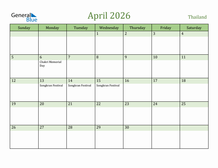 April 2026 Calendar with Thailand Holidays