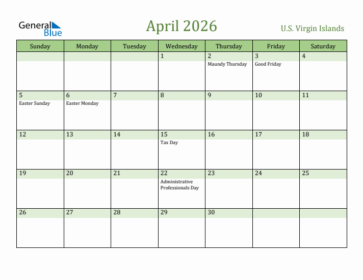 April 2026 Calendar with U.S. Virgin Islands Holidays