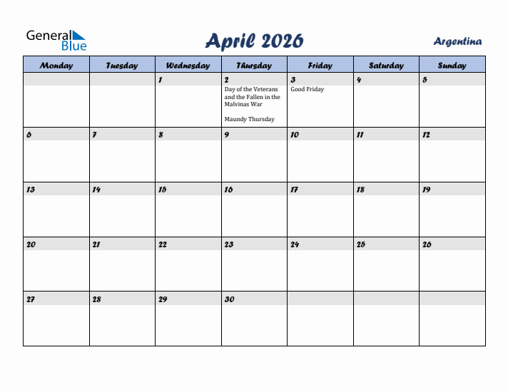April 2026 Calendar with Holidays in Argentina