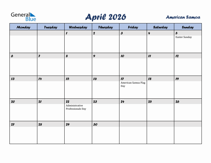 April 2026 Calendar with Holidays in American Samoa