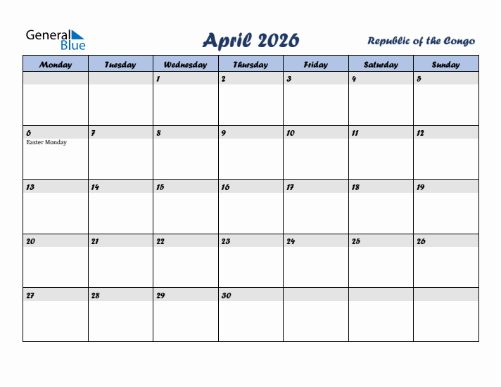 April 2026 Calendar with Holidays in Republic of the Congo