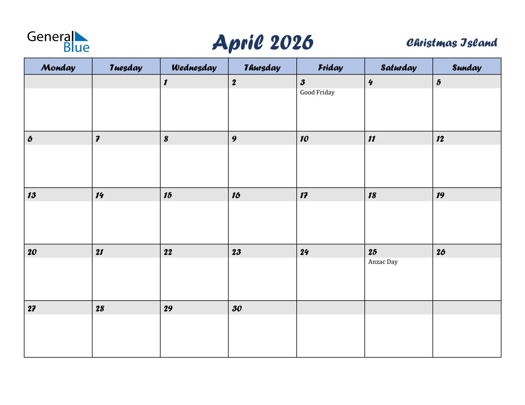 April 2026 Calendar with Holidays in Christmas Island