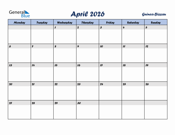 April 2026 Calendar with Holidays in Guinea-Bissau
