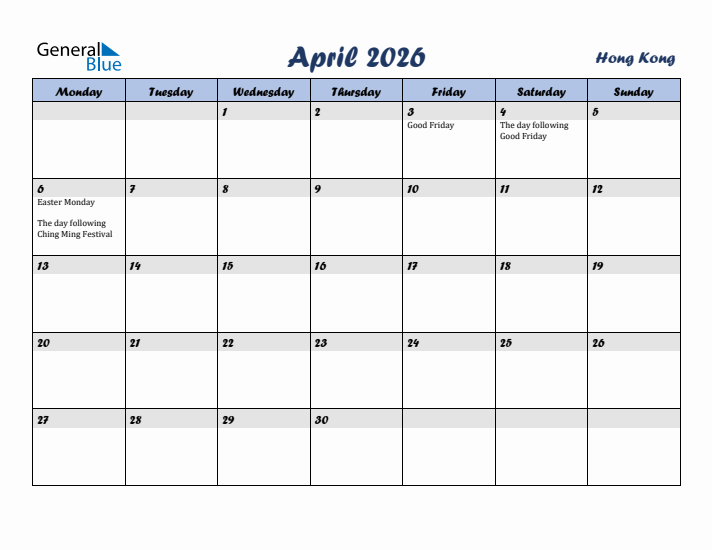 April 2026 Calendar with Holidays in Hong Kong