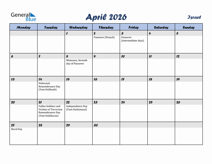 April 2026 Calendar with Holidays in Israel