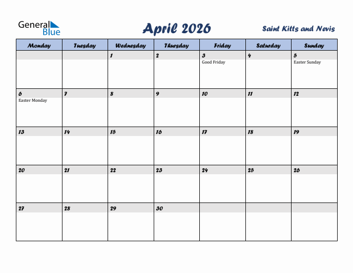 April 2026 Calendar with Holidays in Saint Kitts and Nevis