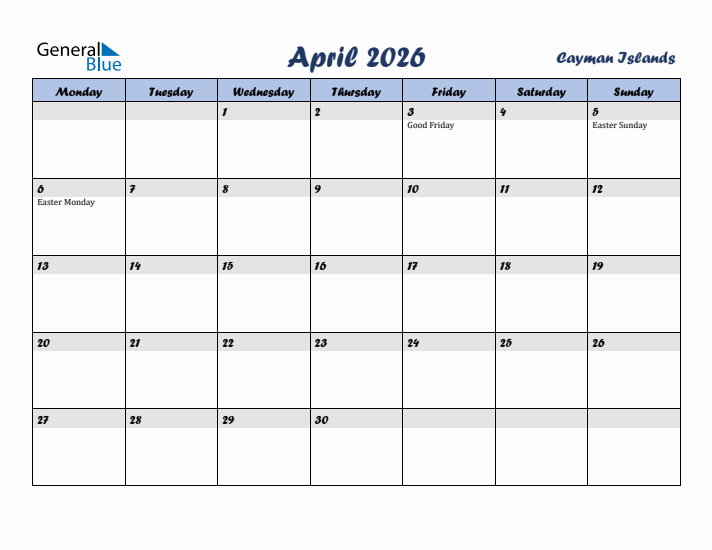 April 2026 Calendar with Holidays in Cayman Islands