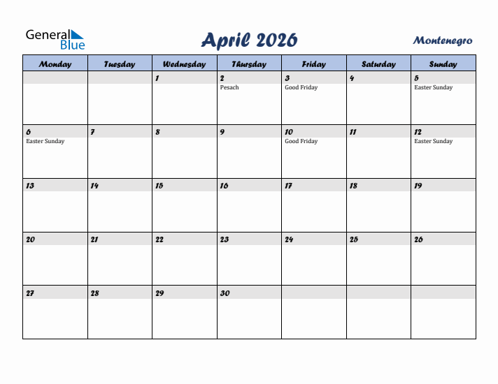 April 2026 Calendar with Holidays in Montenegro