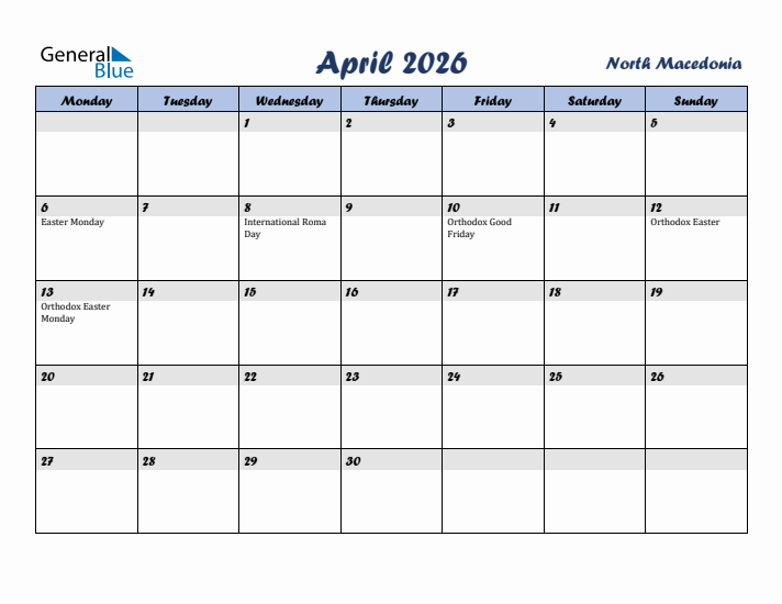 April 2026 Calendar with Holidays in North Macedonia