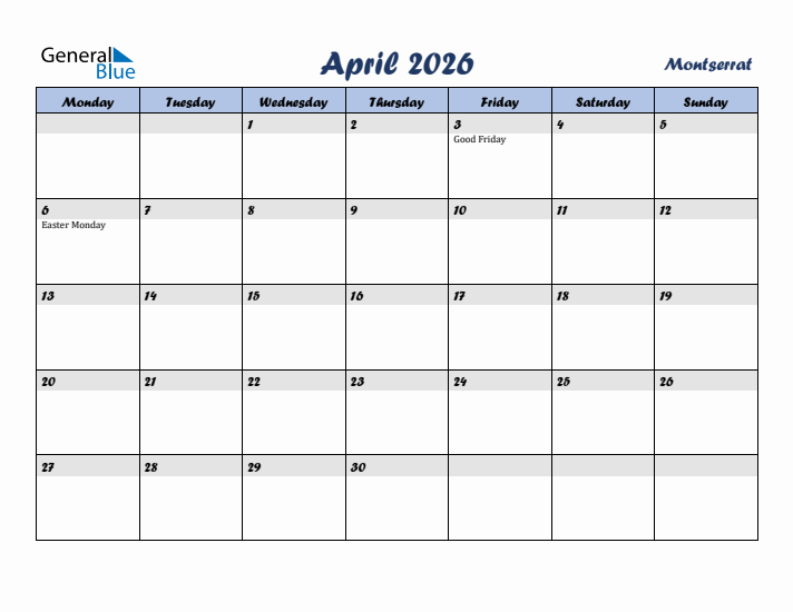 April 2026 Calendar with Holidays in Montserrat