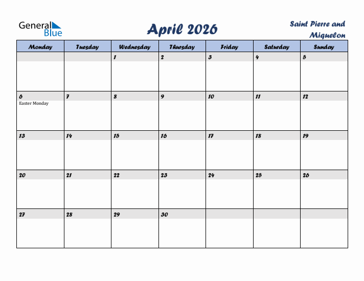 April 2026 Calendar with Holidays in Saint Pierre and Miquelon