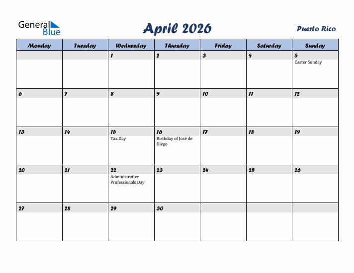 April 2026 Calendar with Holidays in Puerto Rico