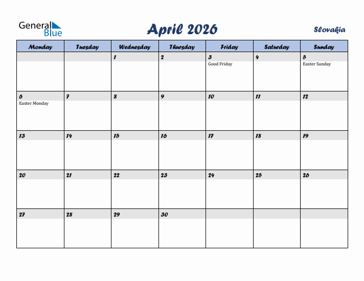 April 2026 Calendar with Holidays in Slovakia