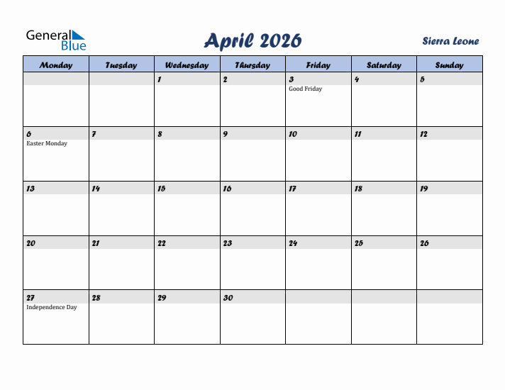 April 2026 Calendar with Holidays in Sierra Leone