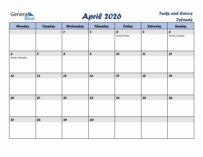 April 2026 Calendar with Holidays in Turks and Caicos Islands