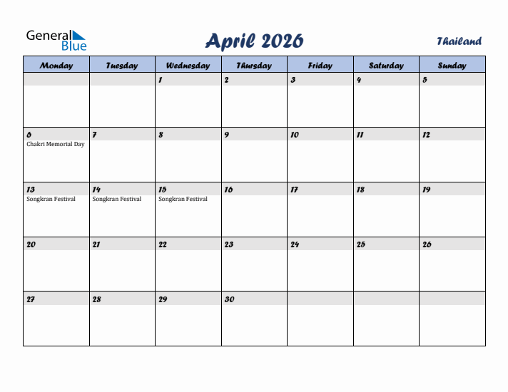 April 2026 Calendar with Holidays in Thailand