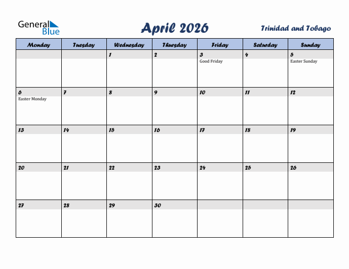 April 2026 Calendar with Holidays in Trinidad and Tobago