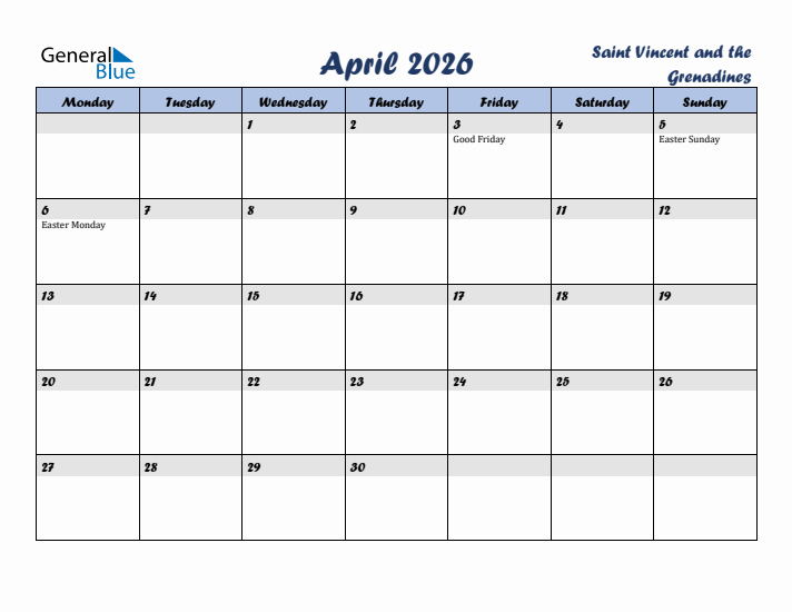 April 2026 Calendar with Holidays in Saint Vincent and the Grenadines