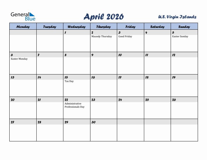 April 2026 Calendar with Holidays in U.S. Virgin Islands