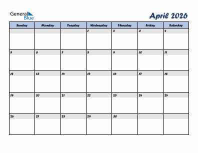 Next month calendar April 2026