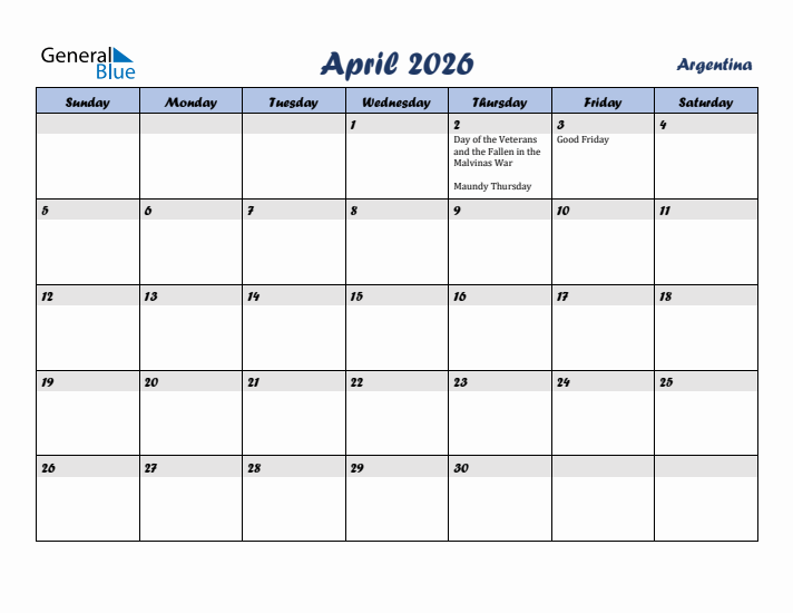April 2026 Calendar with Holidays in Argentina