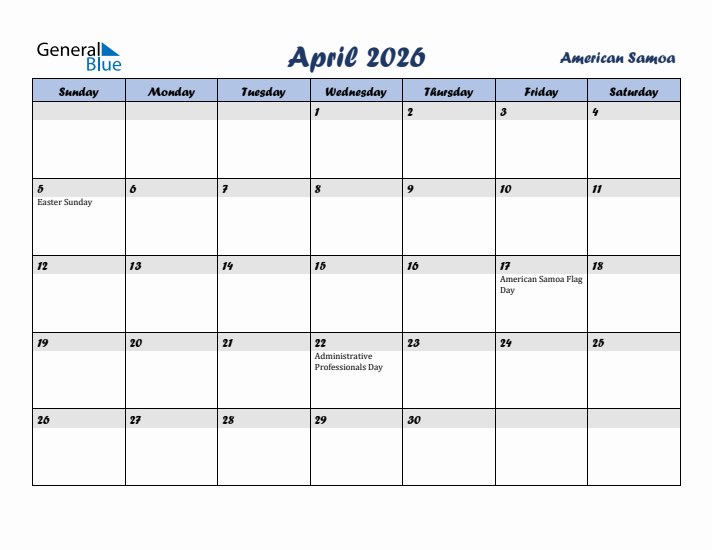 April 2026 Calendar with Holidays in American Samoa