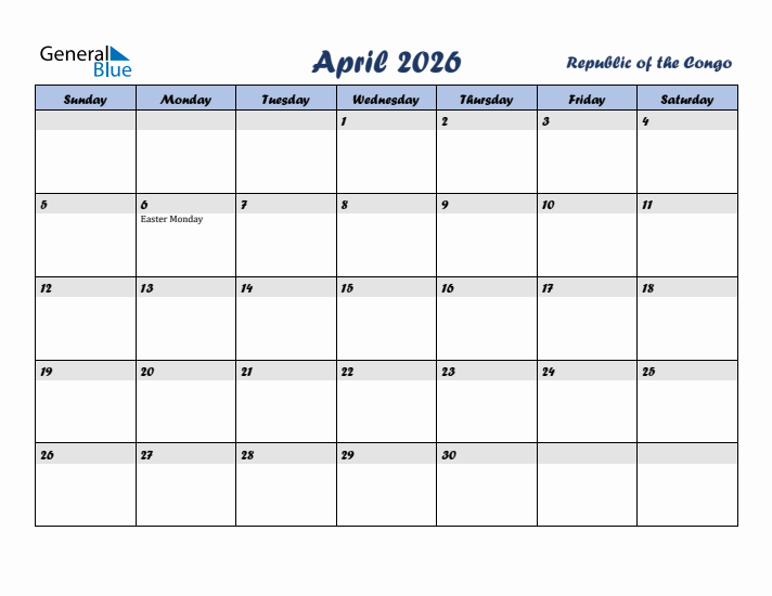 April 2026 Calendar with Holidays in Republic of the Congo