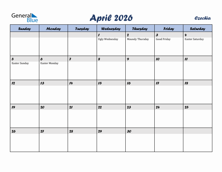 April 2026 Calendar with Holidays in Czechia