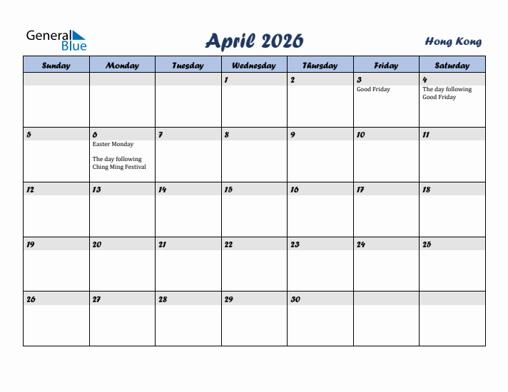 April 2026 Calendar with Holidays in Hong Kong