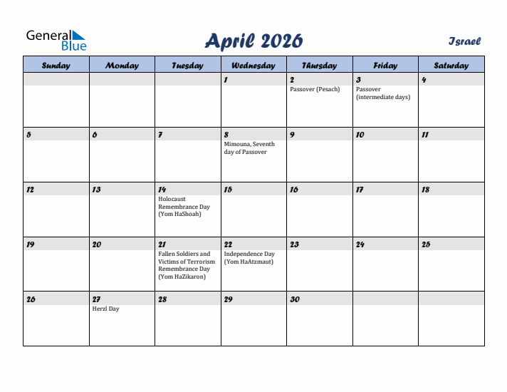 April 2026 Calendar with Holidays in Israel