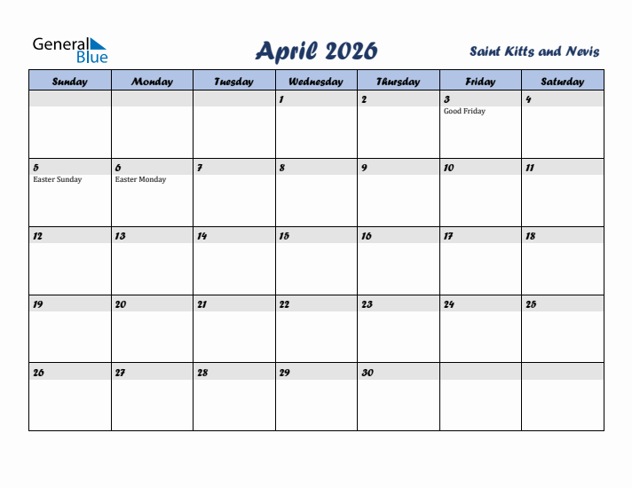 April 2026 Calendar with Holidays in Saint Kitts and Nevis