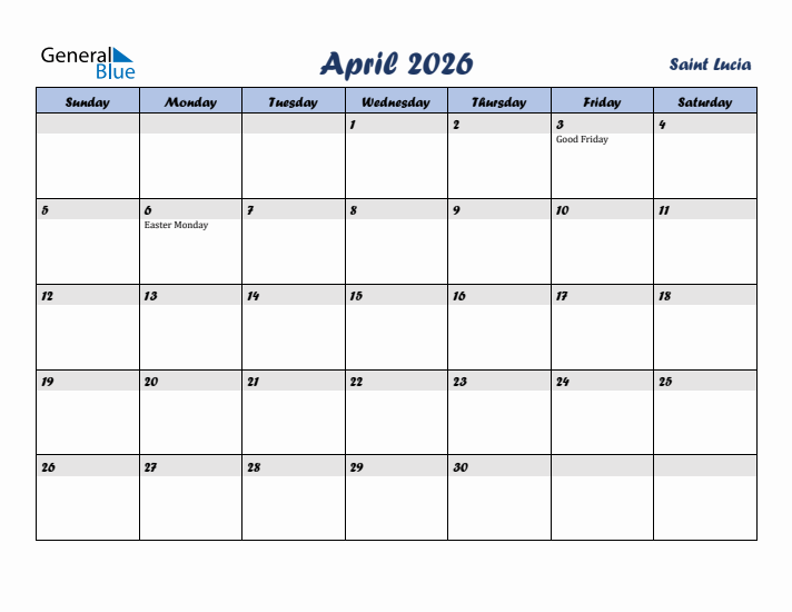 April 2026 Calendar with Holidays in Saint Lucia